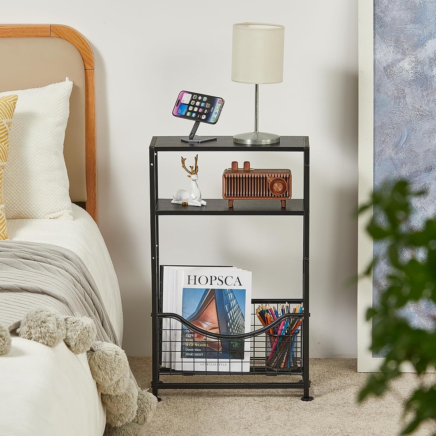 Black 3-Tier Narrow Side Table 30x30x50 cm | Slim End Table w/ Storage