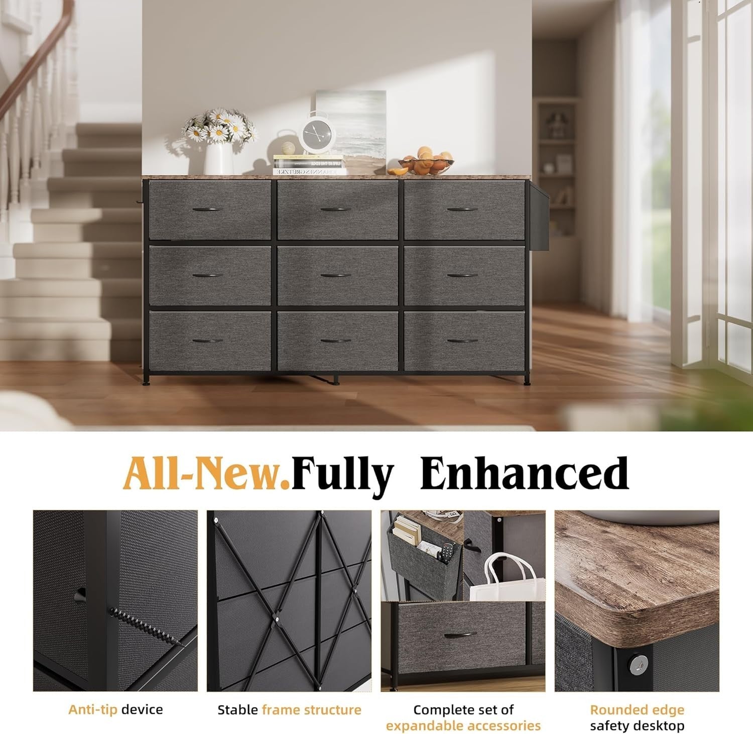 9-Drawer Fabric Dresser with Built-In Power Sockets TV Stand Storage