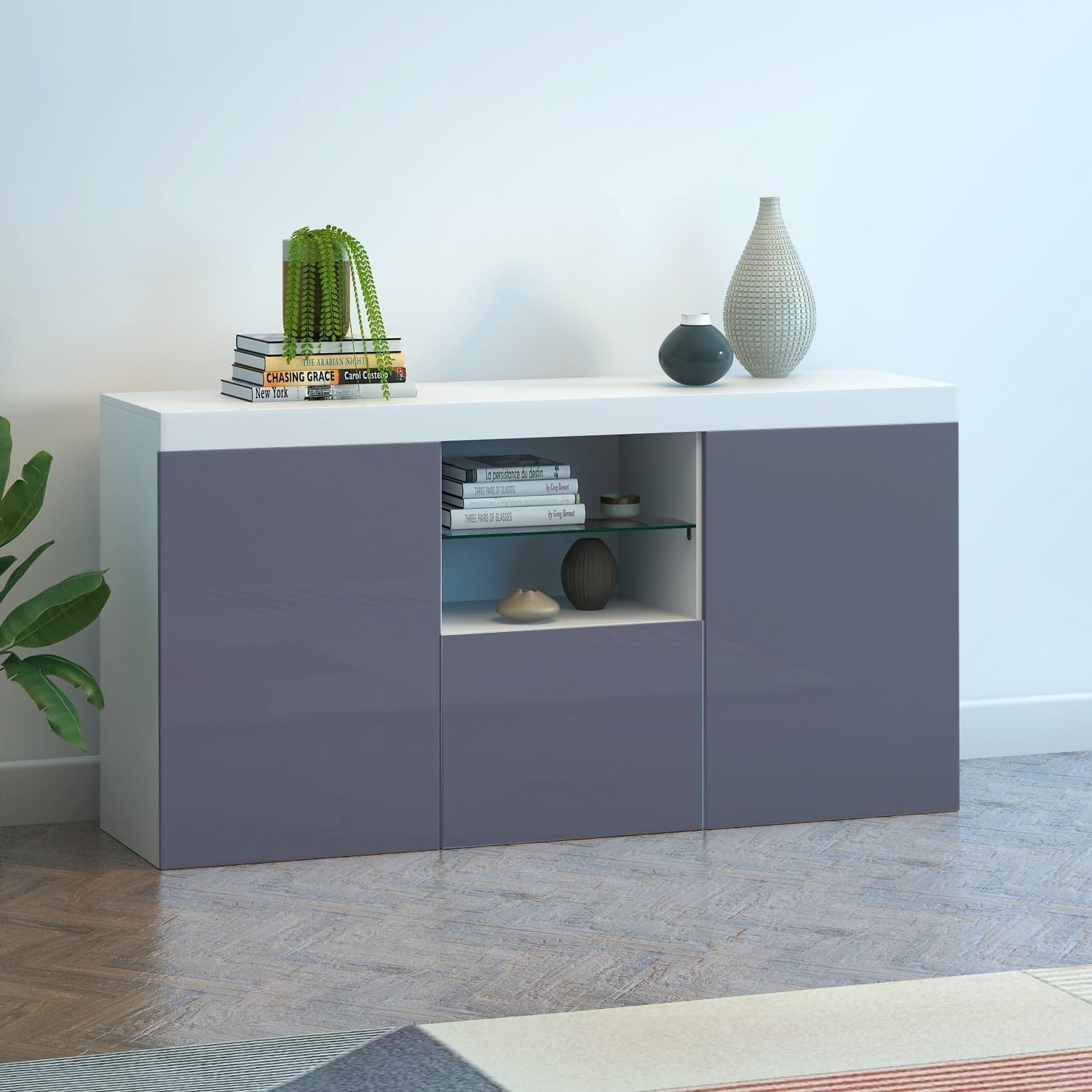High Gloss Grey Sideboard Cabinet with LED Lights 3 Doors Storage Unit