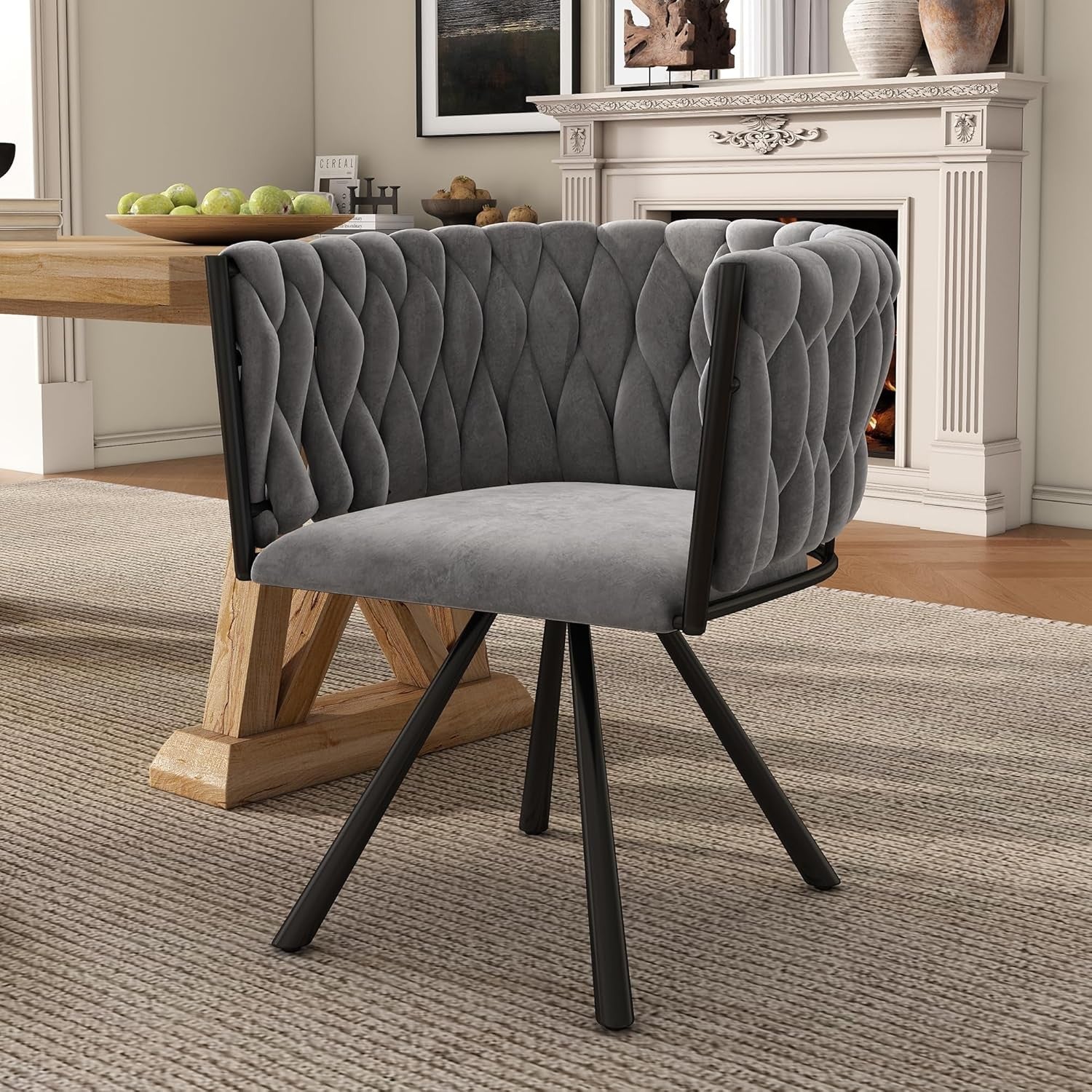 Grey Velvet Swivel Dining Chair 360° Luxury Kitchen Accent Seat