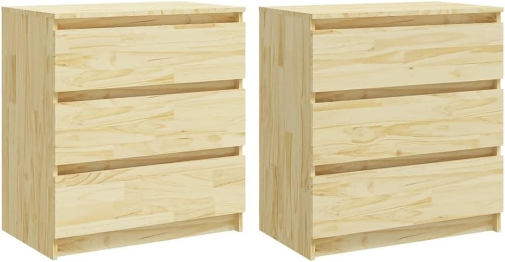 Set of 2 Solid Pine Bedside Tables with 3 Drawers | Natural Wood Nightstands