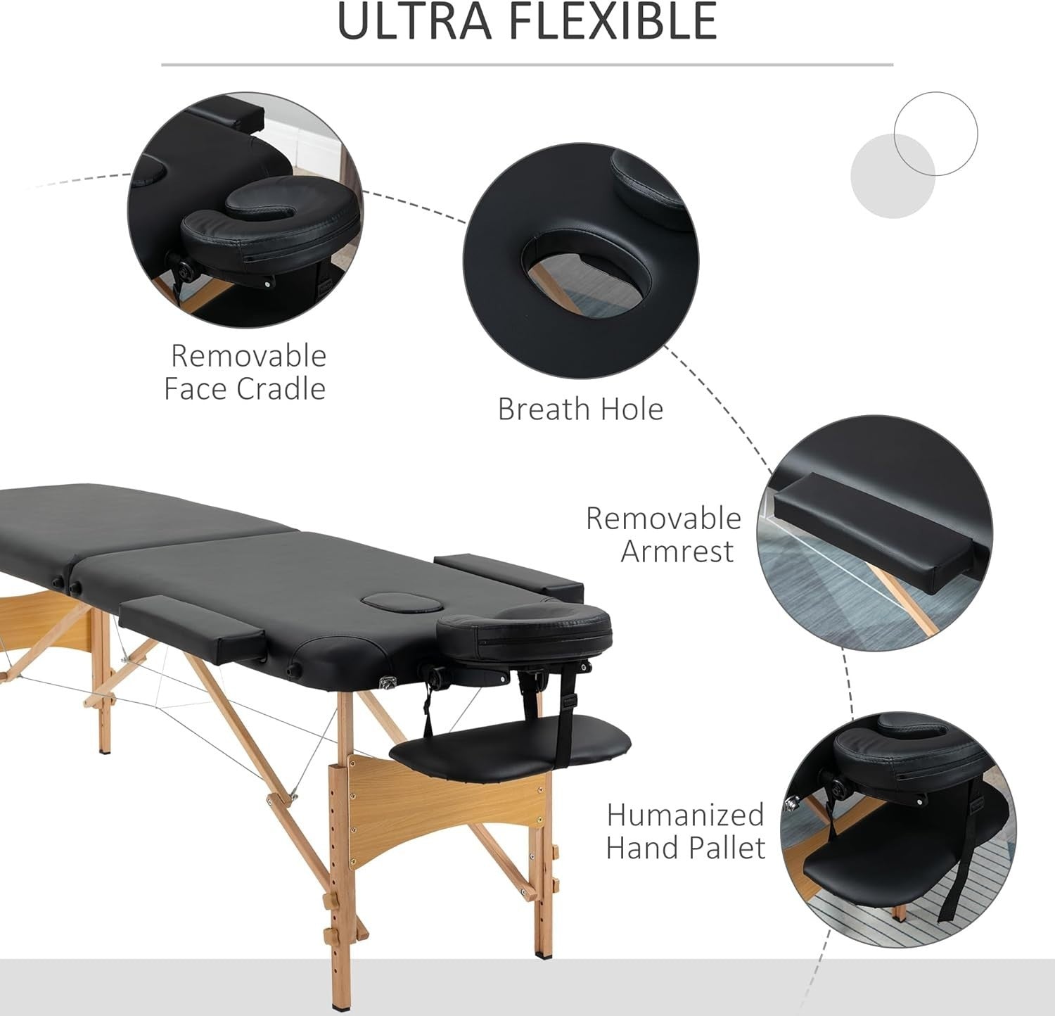 Portable Massage Table Folding 2-Section Wooden Beauty Spa Bed w/ Bag Black