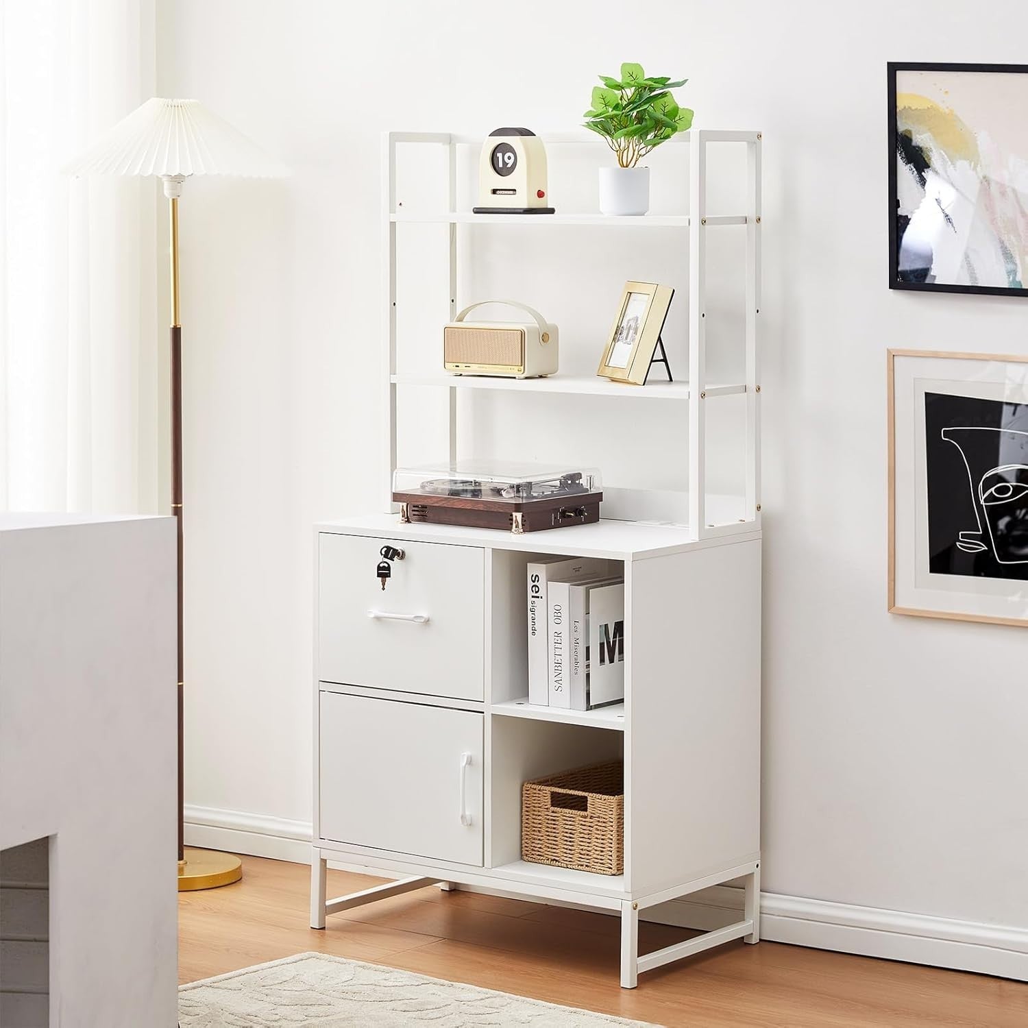 Lockable Filing Cabinet Stand with Charging Station 3 Tier Shelves White