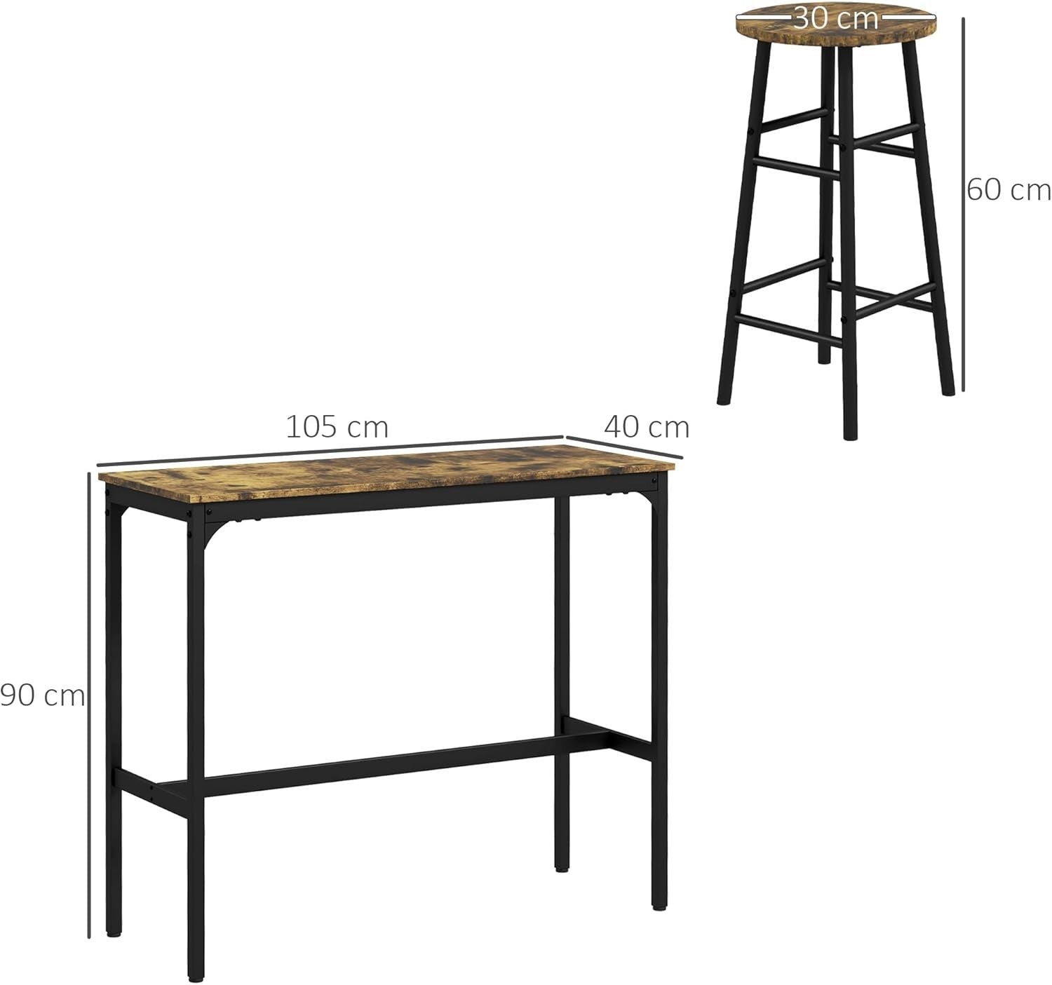 5-Piece Bar Table Set with 4 Stools, Rustic Brown Space-Saving Dining Set