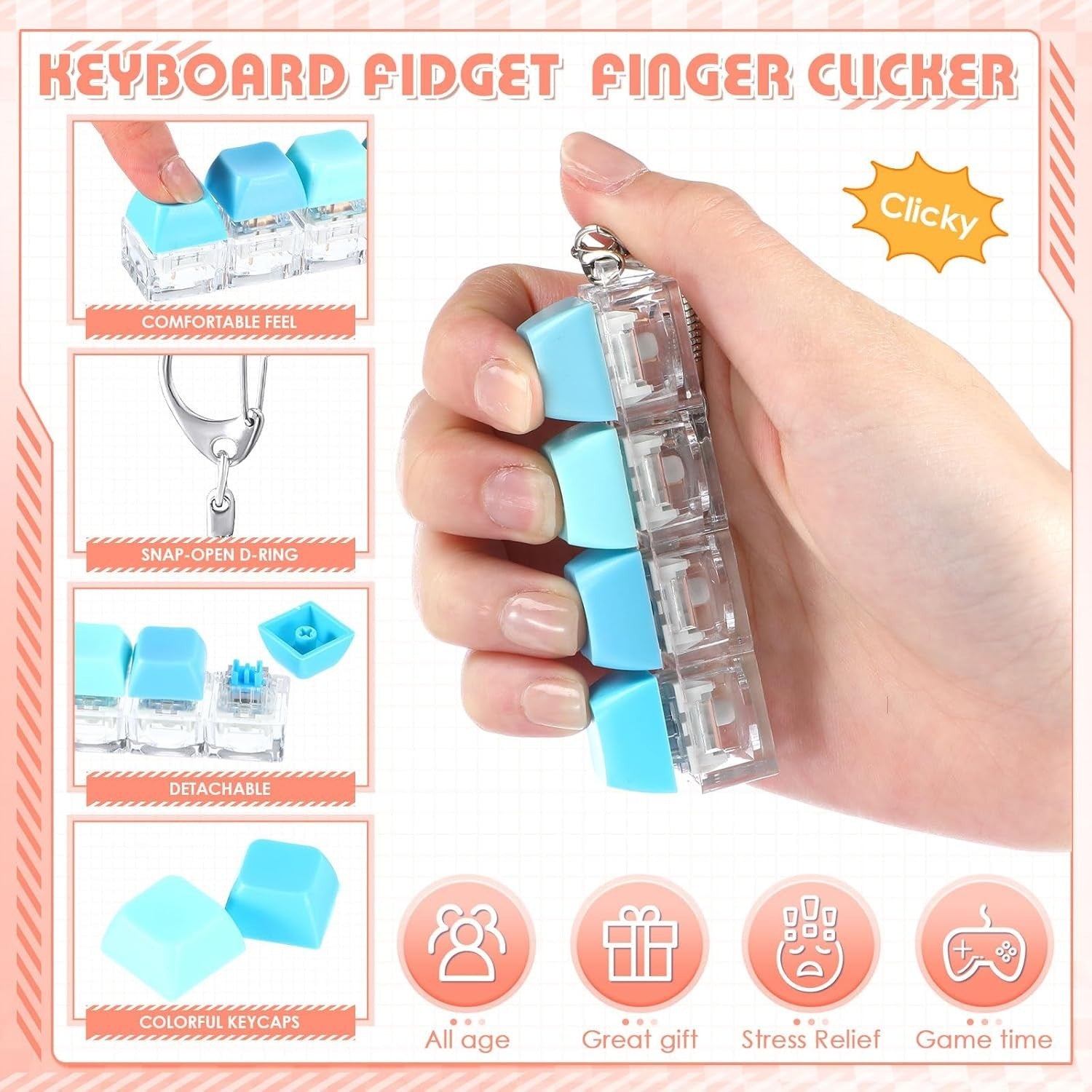 16pcs Keyboard Clicker Fidget Keychain Silent Stress Relief Office Toy