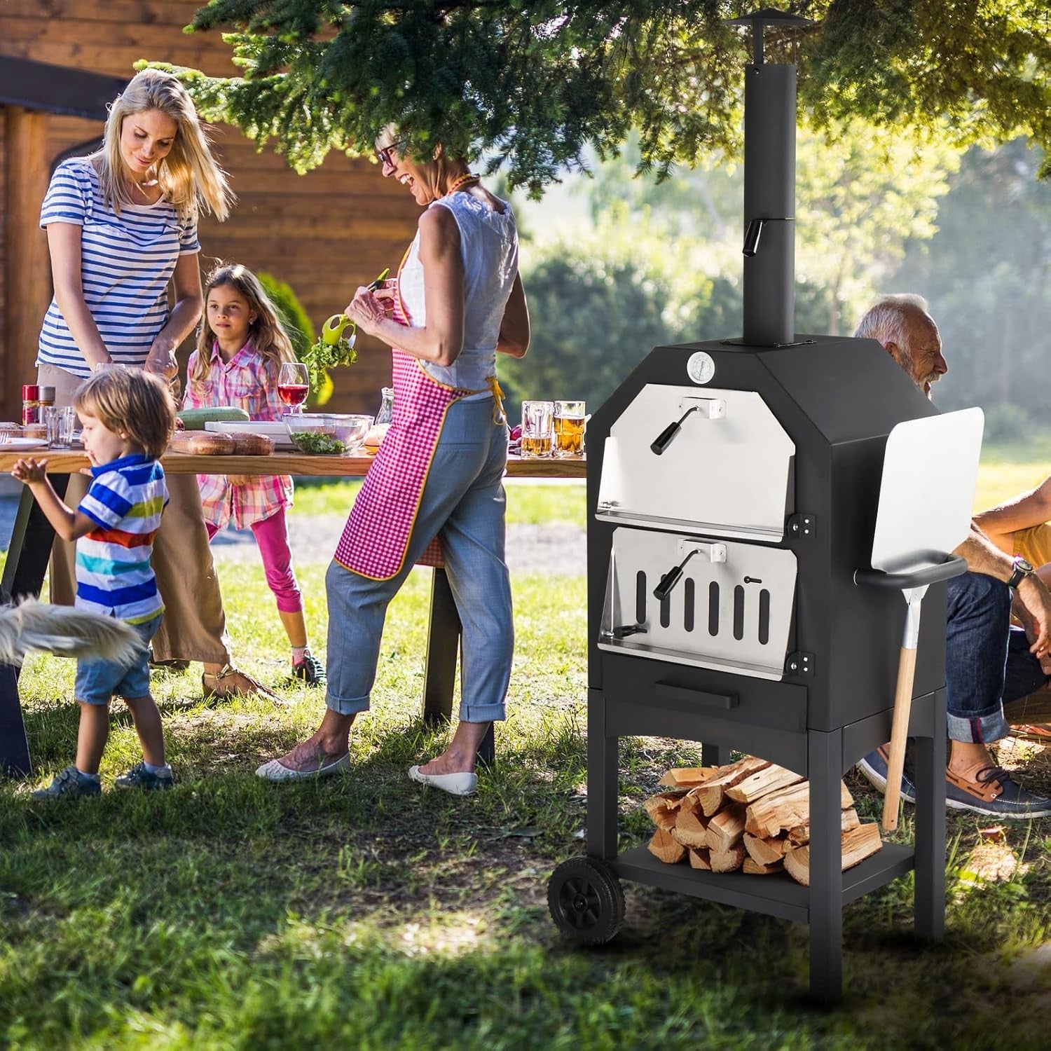 Outdoor Pizza Oven with Chimney | Smoker BBQ Grill Stand & Storage Wheels