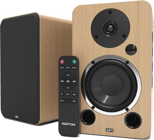 80W Bluetooth Bookshelf Speakers Hi-Res Audio HDMI Optical RCA Wood Finish