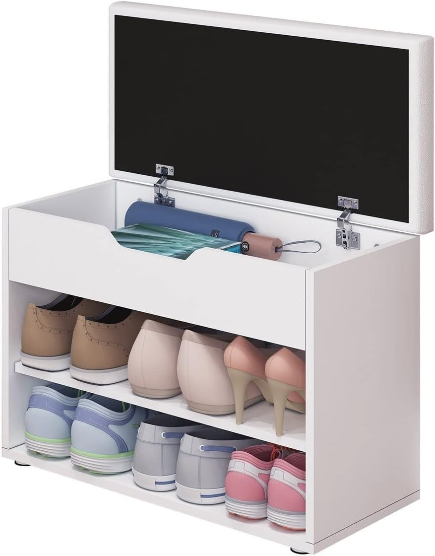 Modern White Shoe Storage Bench with Cushion, 2-Tier Rack & Hidden Compartment