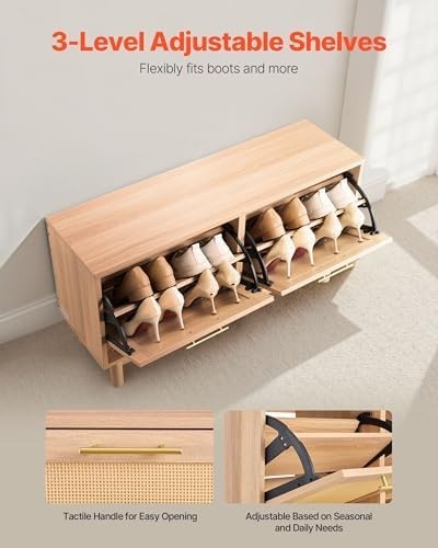 VEVOR Rattan Shoe Bench with Flip Drawers – 4-Compartment Storage Seat 100cm