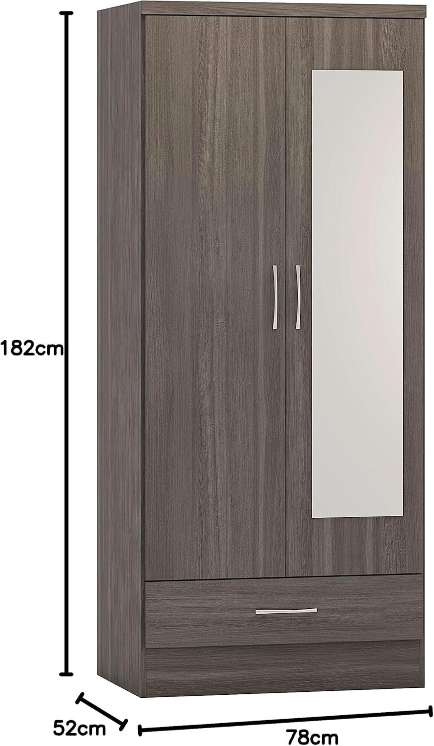Black Mirror Wardrobe 2 Door 1 Drawer – Modern Bedroom Storage Unit