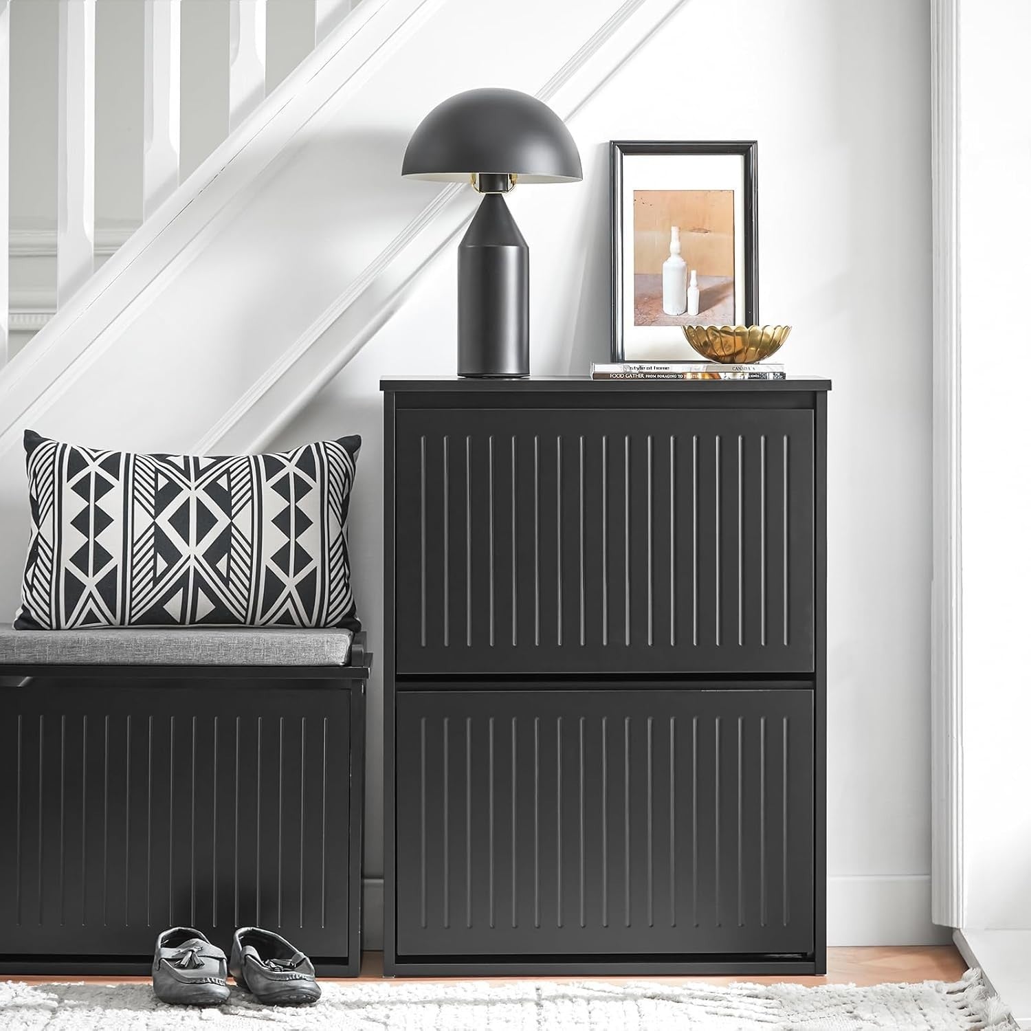 Slim Black Shoe Storage Cabinet – 2 Flip Drawers, Narrow Hallway Rack MDF