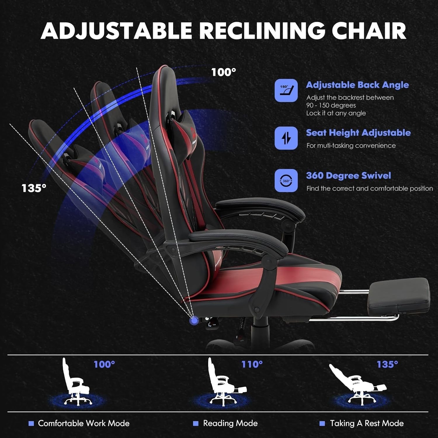 Gaming Chair Red High Back Footrest Desk Swivel PC Gamer Racing Modern Seat