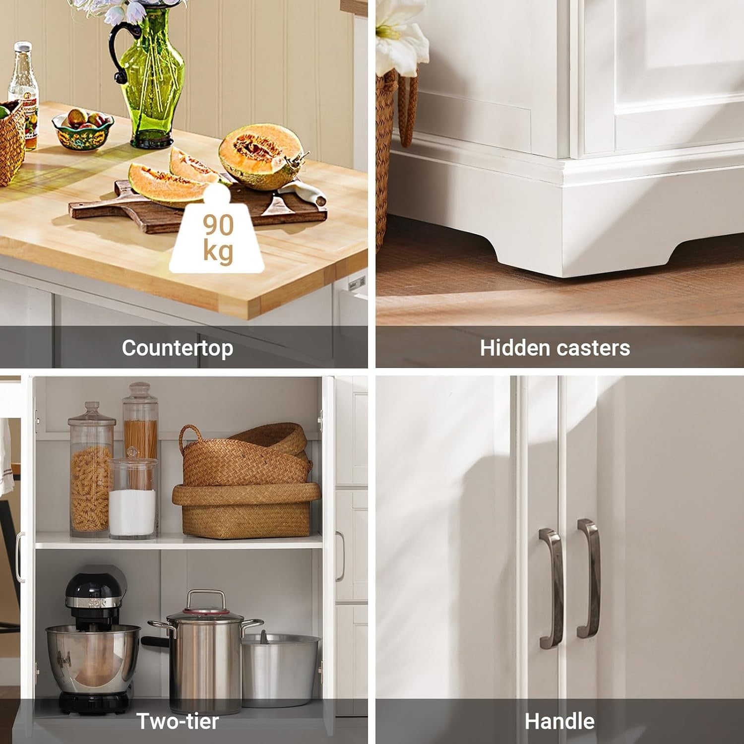 Extendable Kitchen Island on Wheels with Rubber Wood Worktop & Storage