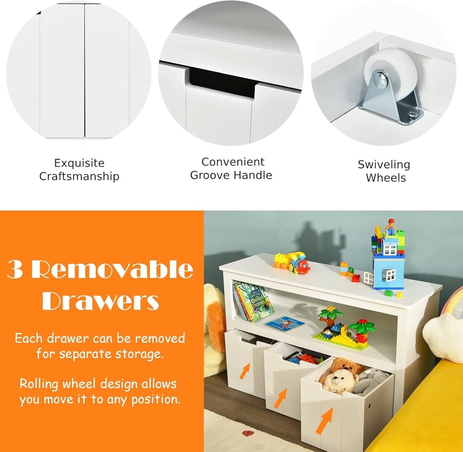 Kids Toy Storage Cabinet with Drawers & Shelf, Durable Wood, 102x33x62cm