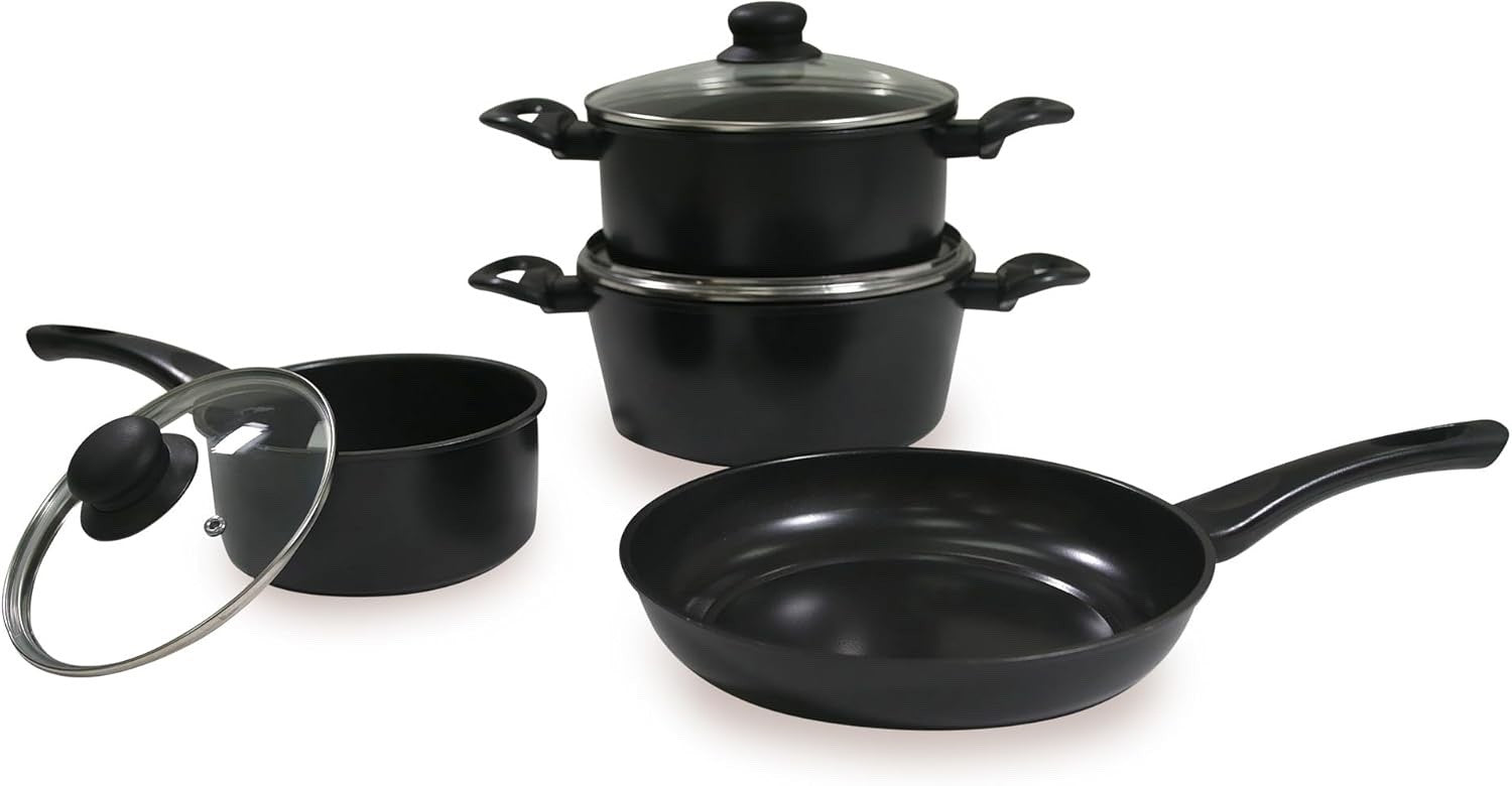 7Pcs Black Carbon Steel Non Stick Cookware Set Pots and Pans with Glass Lids
