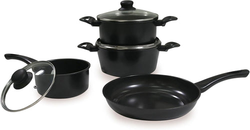 7Pcs Black Carbon Steel Non Stick Cookware Set Pots and Pans with Glass Lids
