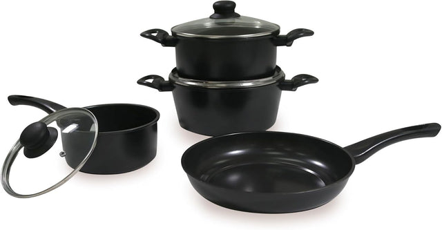 7Pcs Black Carbon Steel Non Stick Cookware Set Pots and Pans with Glass Lids