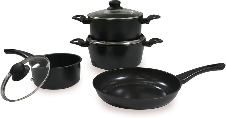 7Pcs Black Carbon Steel Non Stick Cookware Set Pots and Pans with Glass Lids