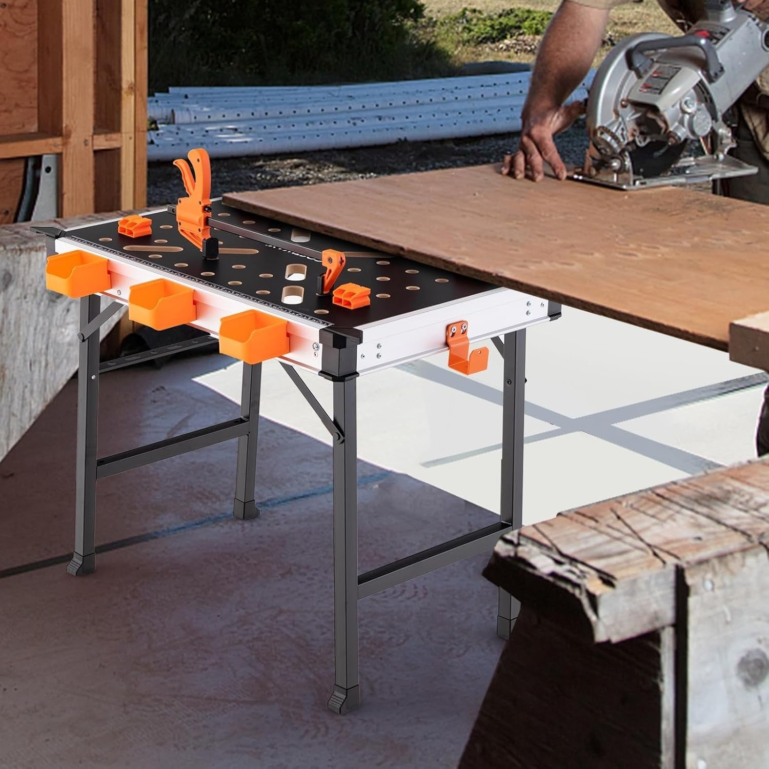 Folding Workbench 450kg Heavy Duty Table w/ Clamps Tool Boxes Portable 85x60