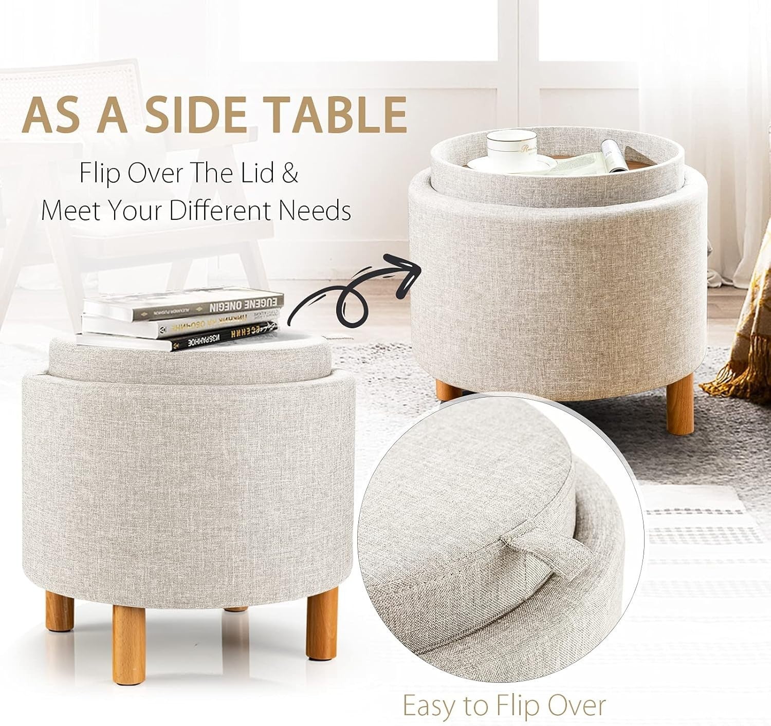 Beige Linen Round Storage Ottoman Stool 4-in-1 Footrest Tray Top Seat
