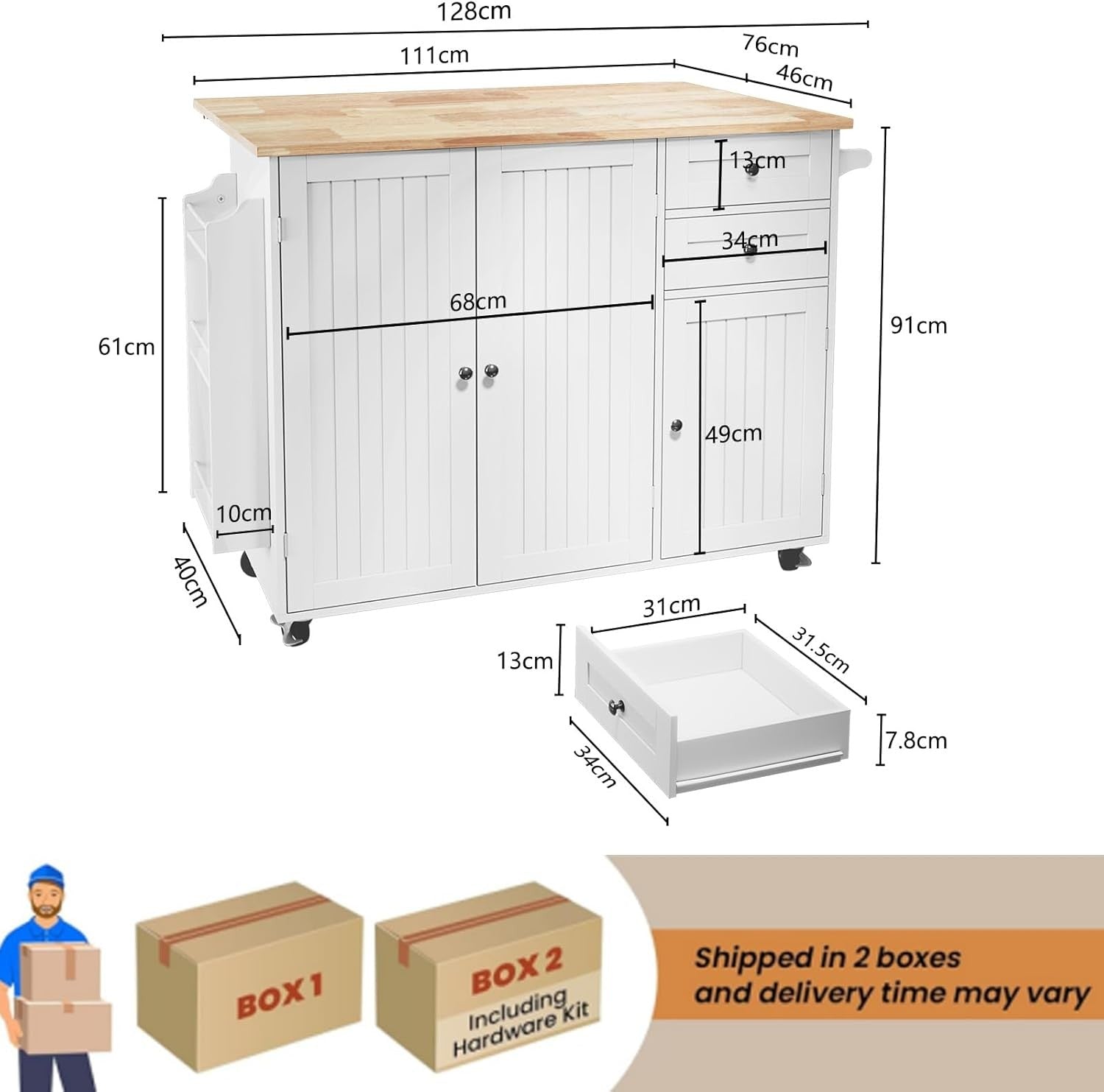 Large Kitchen Island on Wheels Rolling Storage Trolley Extendable Worktop
