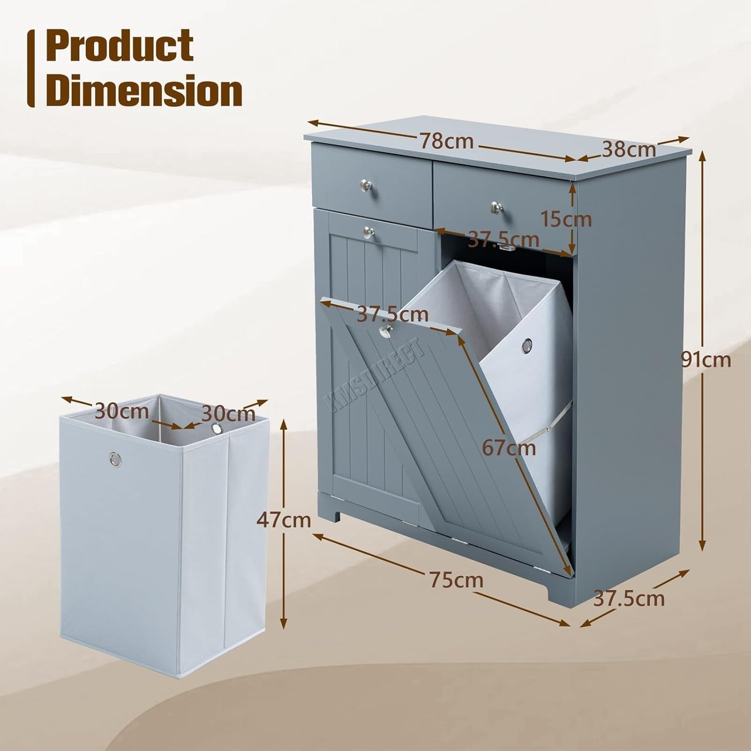 Tilt-Out Laundry Cabinet with 2 Baskets Modern Storage Unit Grey Drawers