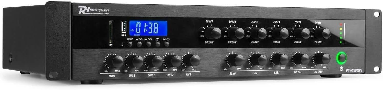 360W 6-Zone PA Mixer Amplifier 100V Bluetooth USB SD FM