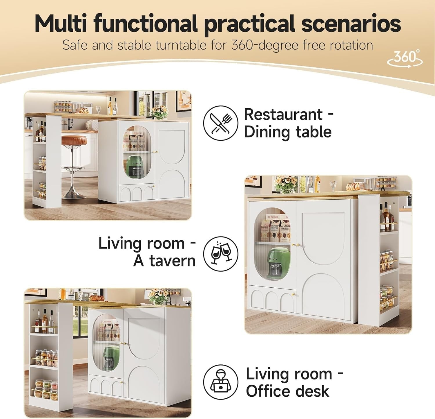 360° Swivel Bar Table w/ Shelves Storage Cabinet Modern White Kitchen Furniture