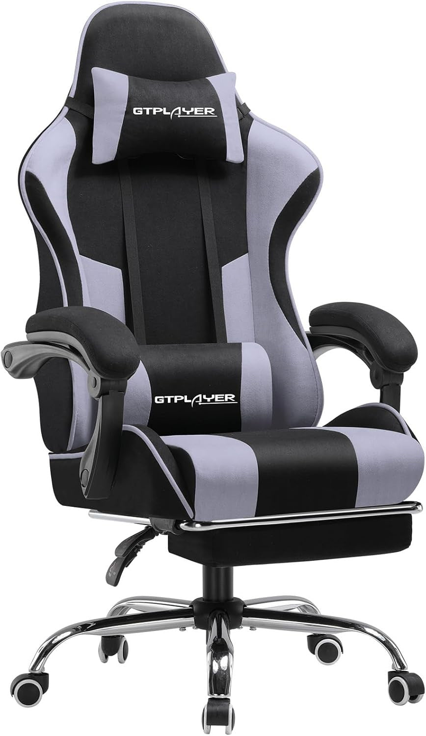 Ergonomic Fabric Gaming Chair Massage Lumbar Footrest Purple