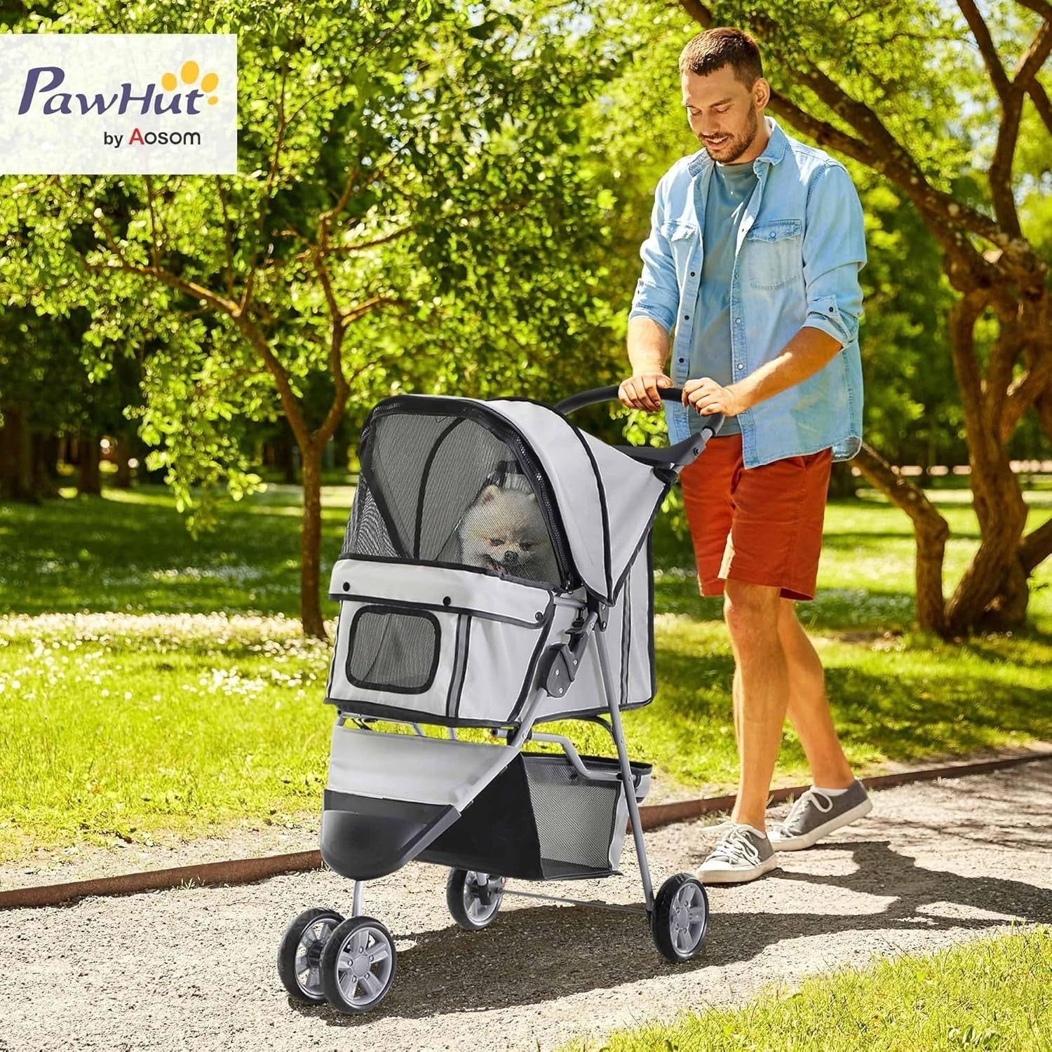 Dog Stroller 3-Wheel Foldable Pet Pram Small Dogs Cats Grey Lightweight