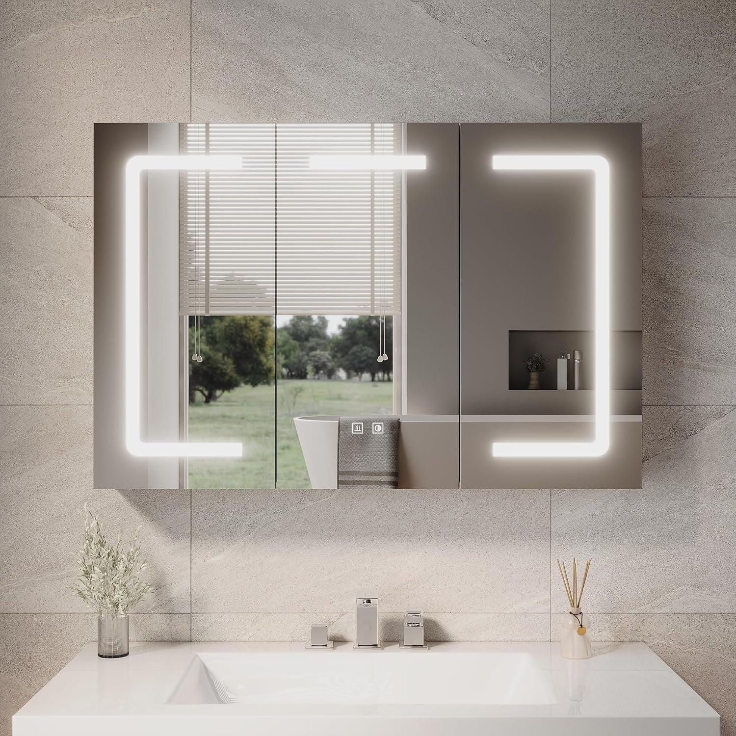 LED Bathroom Mirror Cabinet 900x600mm 3 Door with Shaver Socket & Defogger