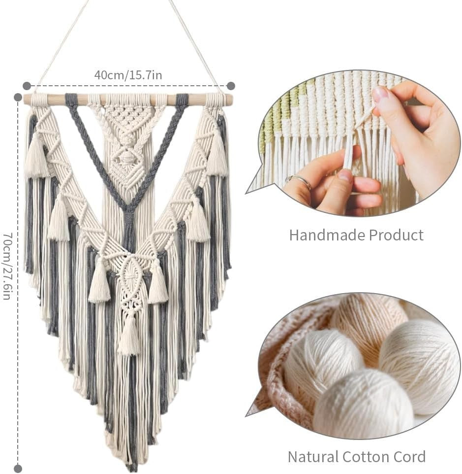 Boho Wall Hanging Tapestry 70x40cm Beige Grey Cotton Twine Decor