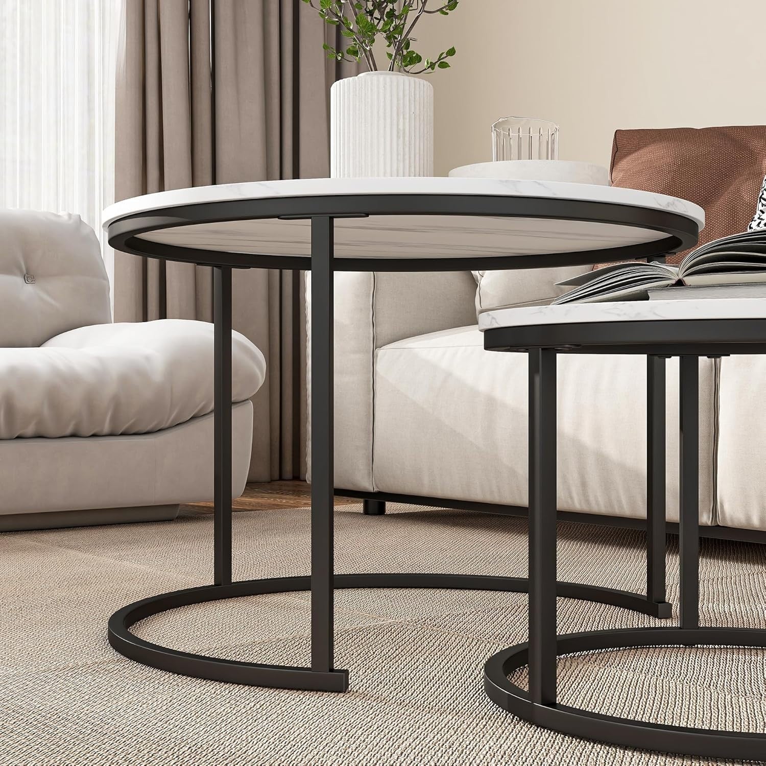 Nesting Coffee Table Black White Round Metal Legs Side End Modern Wood Look