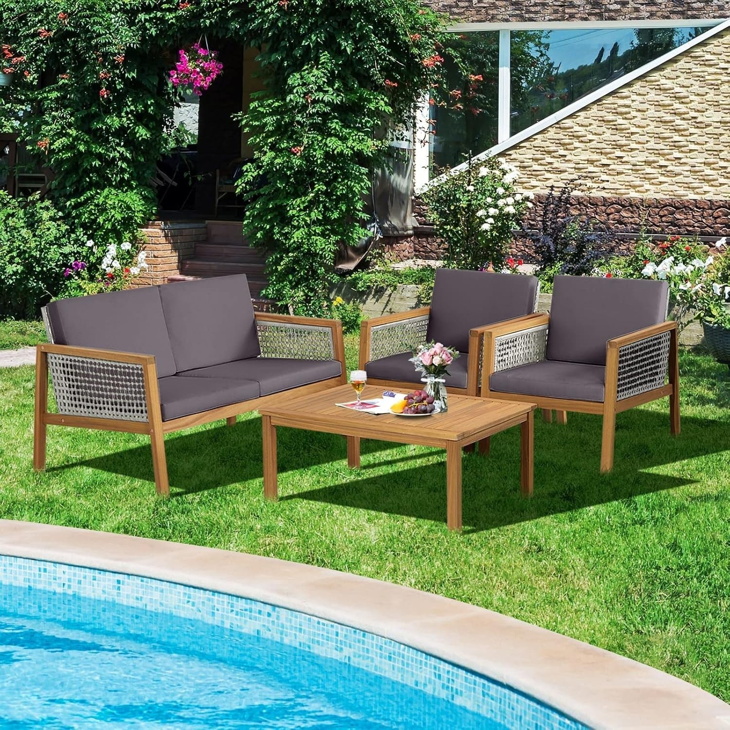 4PC Garden Rattan Sofa Set Outdoor Patio Furniture W/ Coffee Table