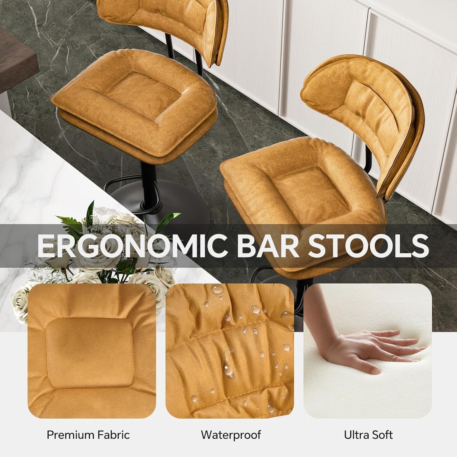 Adjustable Swivel Bar Stools Set of 2 | Orange Faux Leather Counter Height