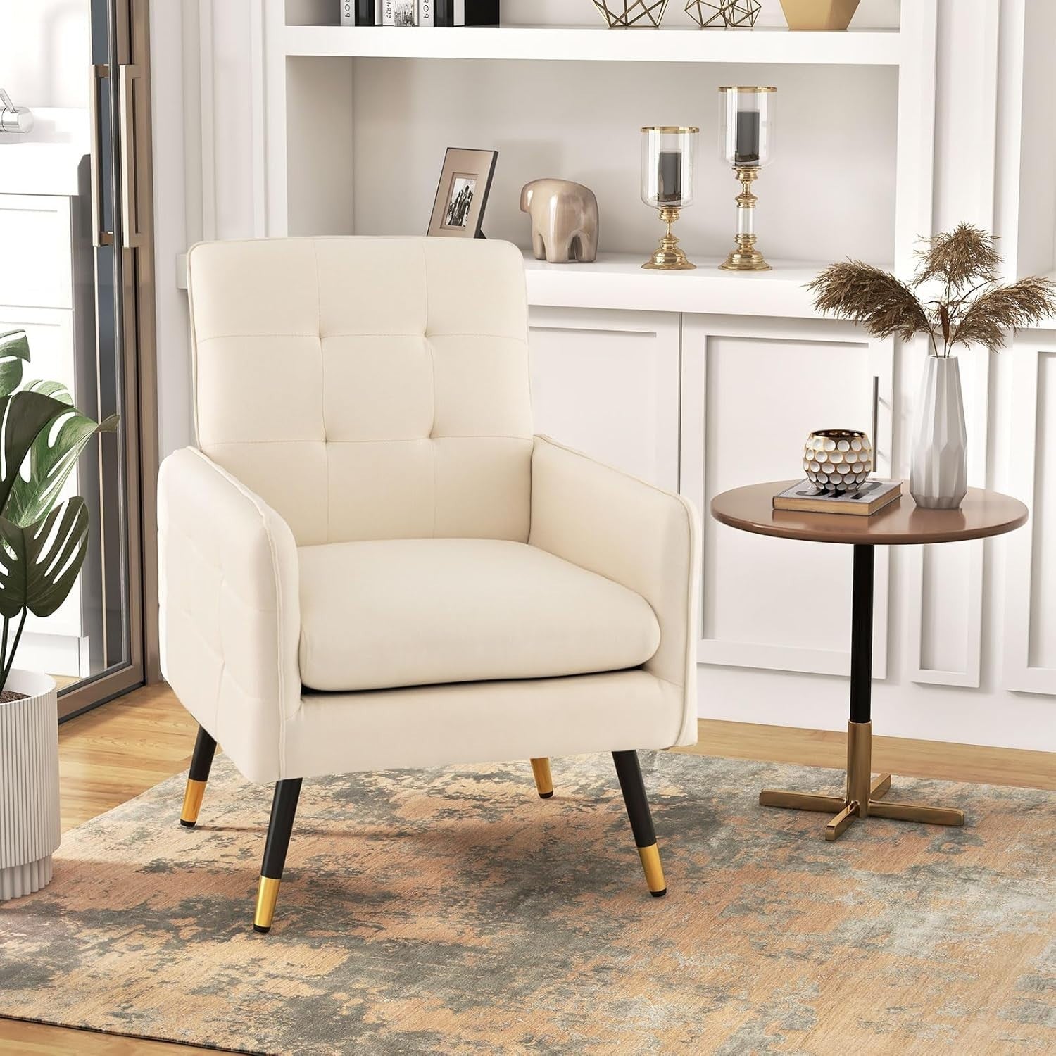 Comfy Modern Tufted Armchair, Linen Upholstered Accent Chair with Metal Legs