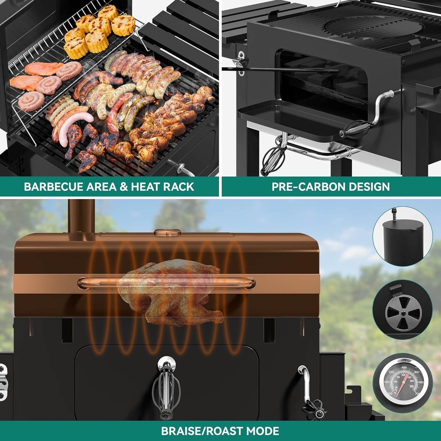 XXL Charcoal BBQ Grill Smoker with Adjustable Air Vents & Folding Tables