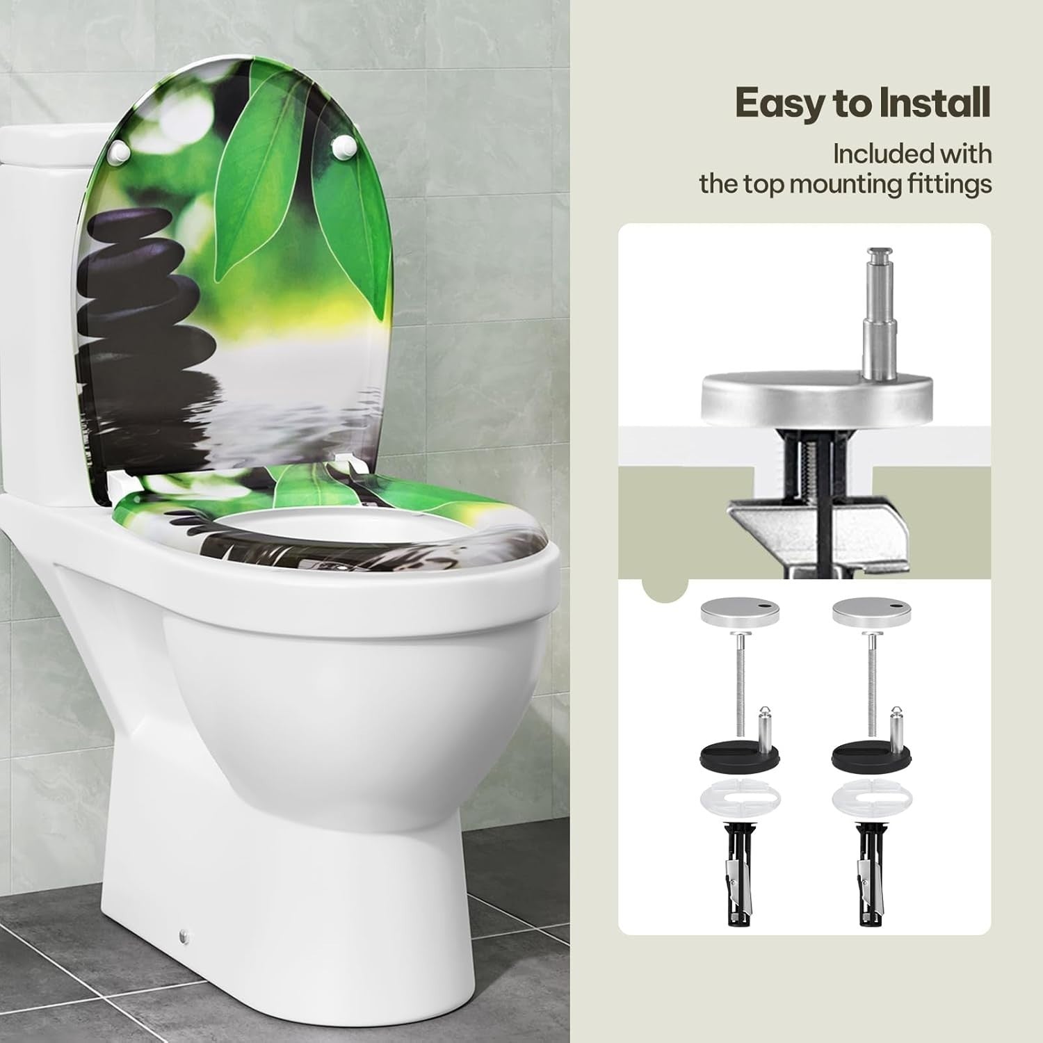 Soft Close O-Shaped Toilet Seat Quick Release Duroplast Green Leaves Print