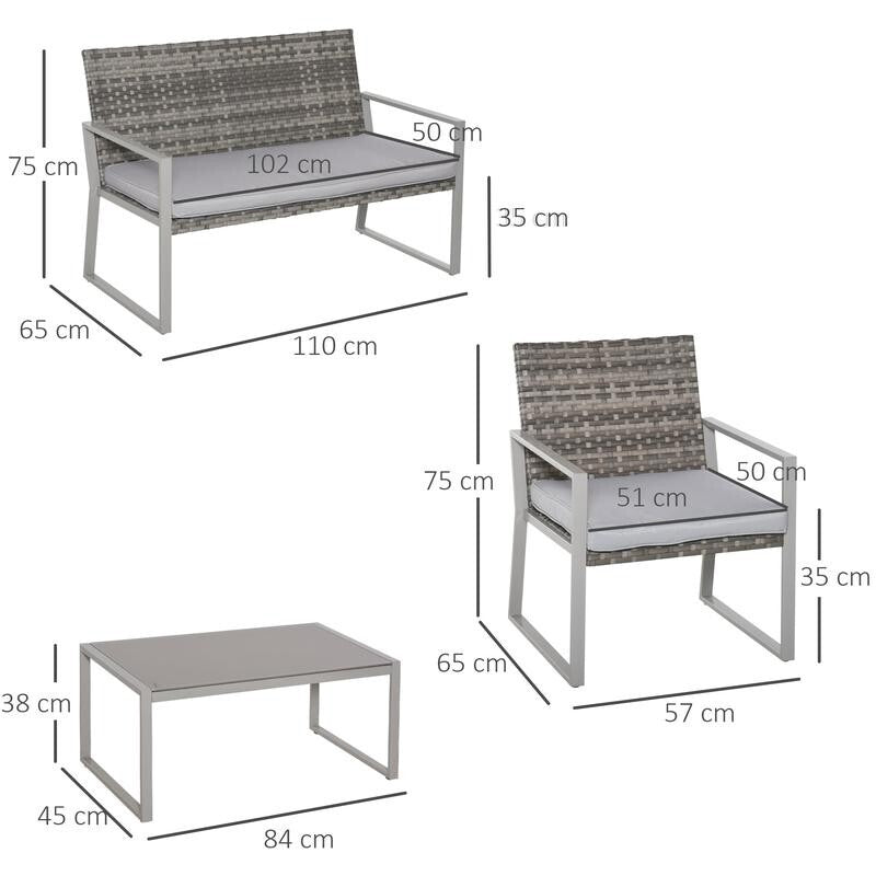 4 Seater Rattan Garden Furniture Set Sofa Chairs Coffee Table Grey Patio