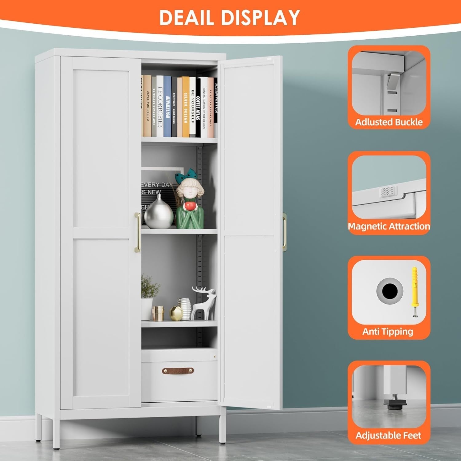 White Metal Office Storage Cabinet 2 Doors Adjustable Shelves 155H