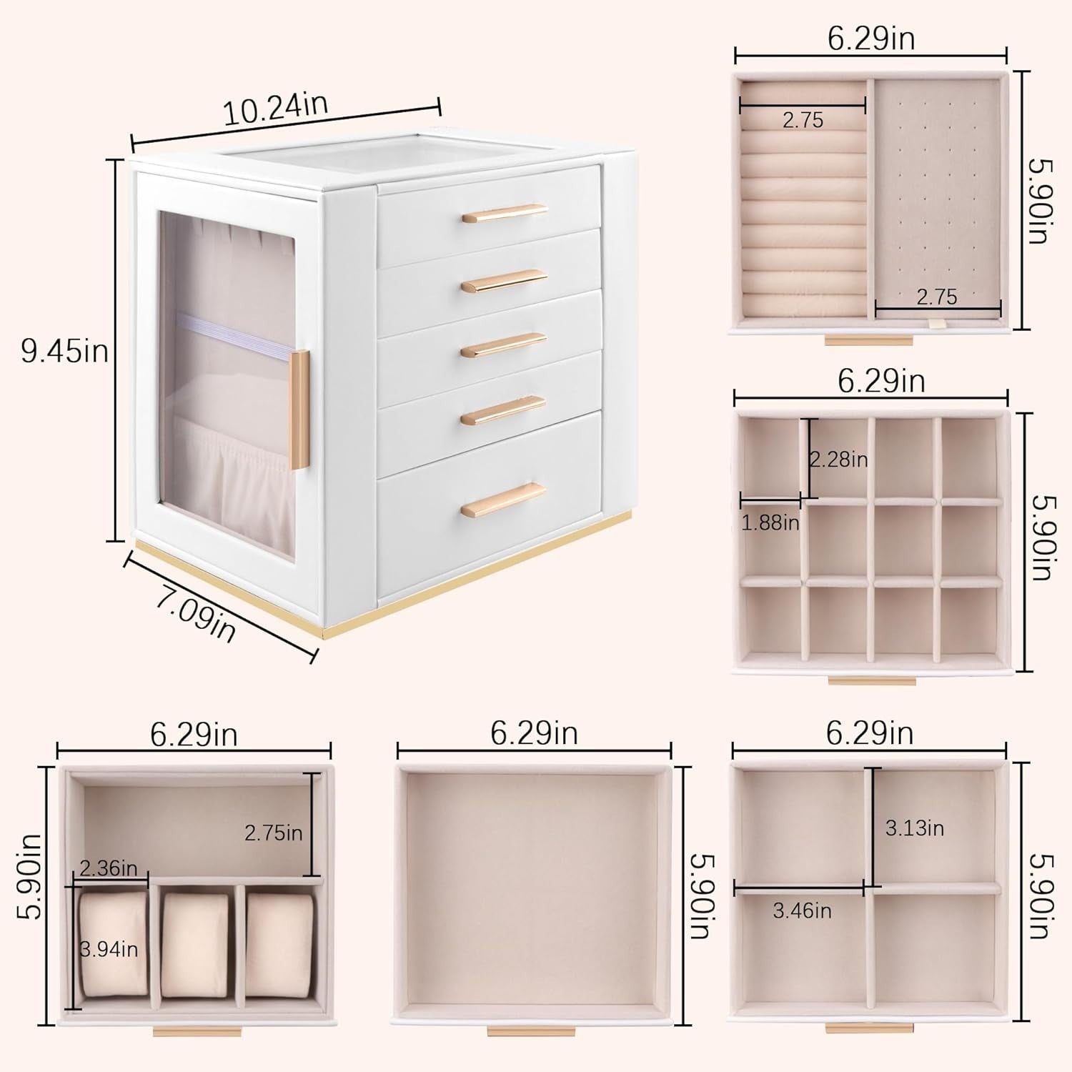 White PU Leather Jewellery Organizer Box 5 Layer Drawer Storage Case