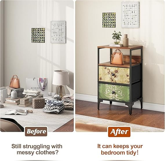 Slim Bedside Table with 2 Drawers & Shelf, Fabric Storage Cabinet for Bedroom