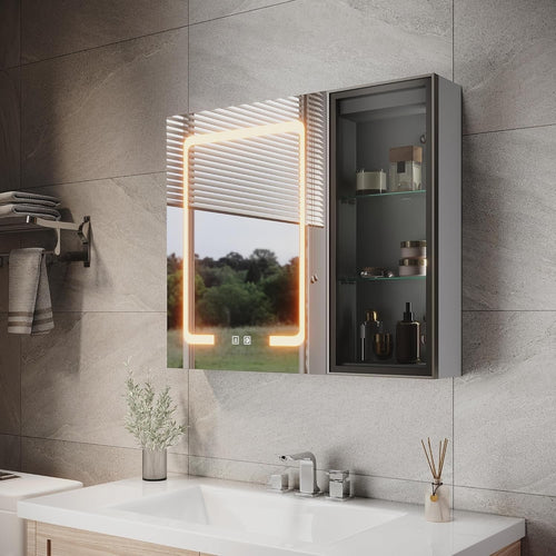 LED Bathroom Mirror Cabinet Wall Mounted with Open Storage & Anti-Fog