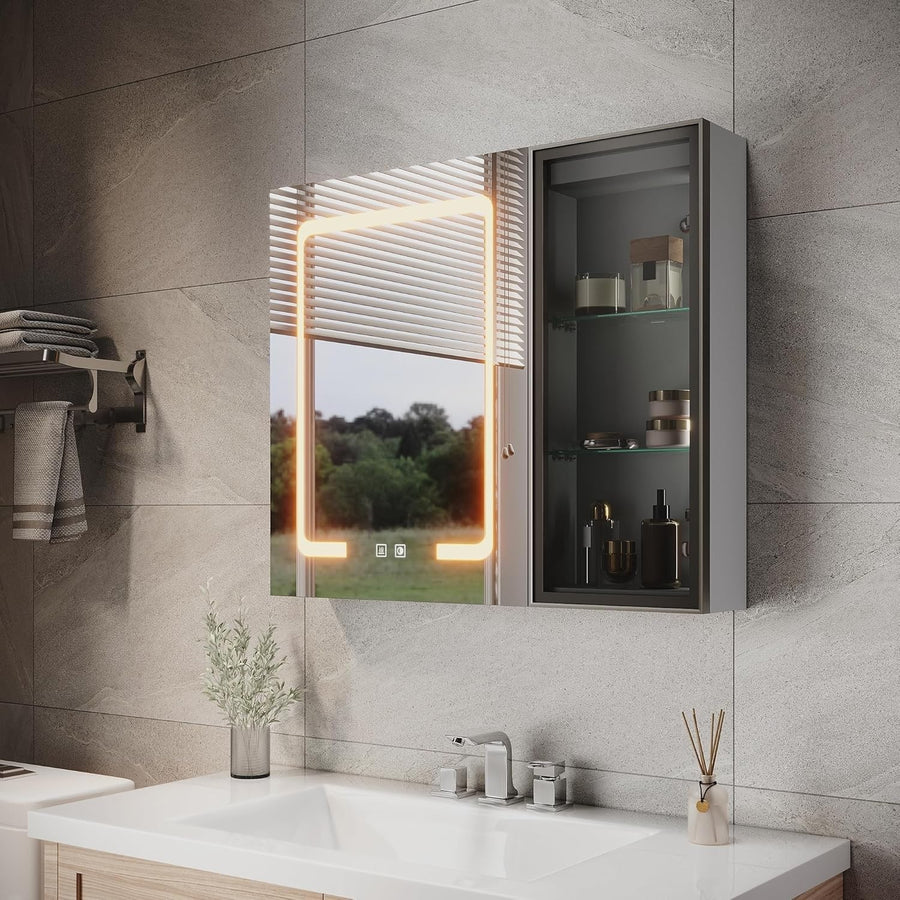 LED Bathroom Mirror Cabinet Wall Mounted with Open Storage & Anti-Fog