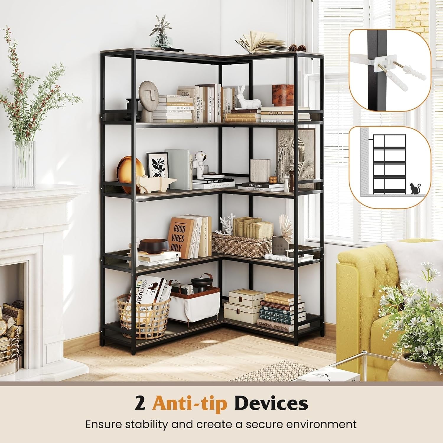 5-Tier L-Shaped Industrial Bookshelf Large Corner Storage Display Unit 180cm