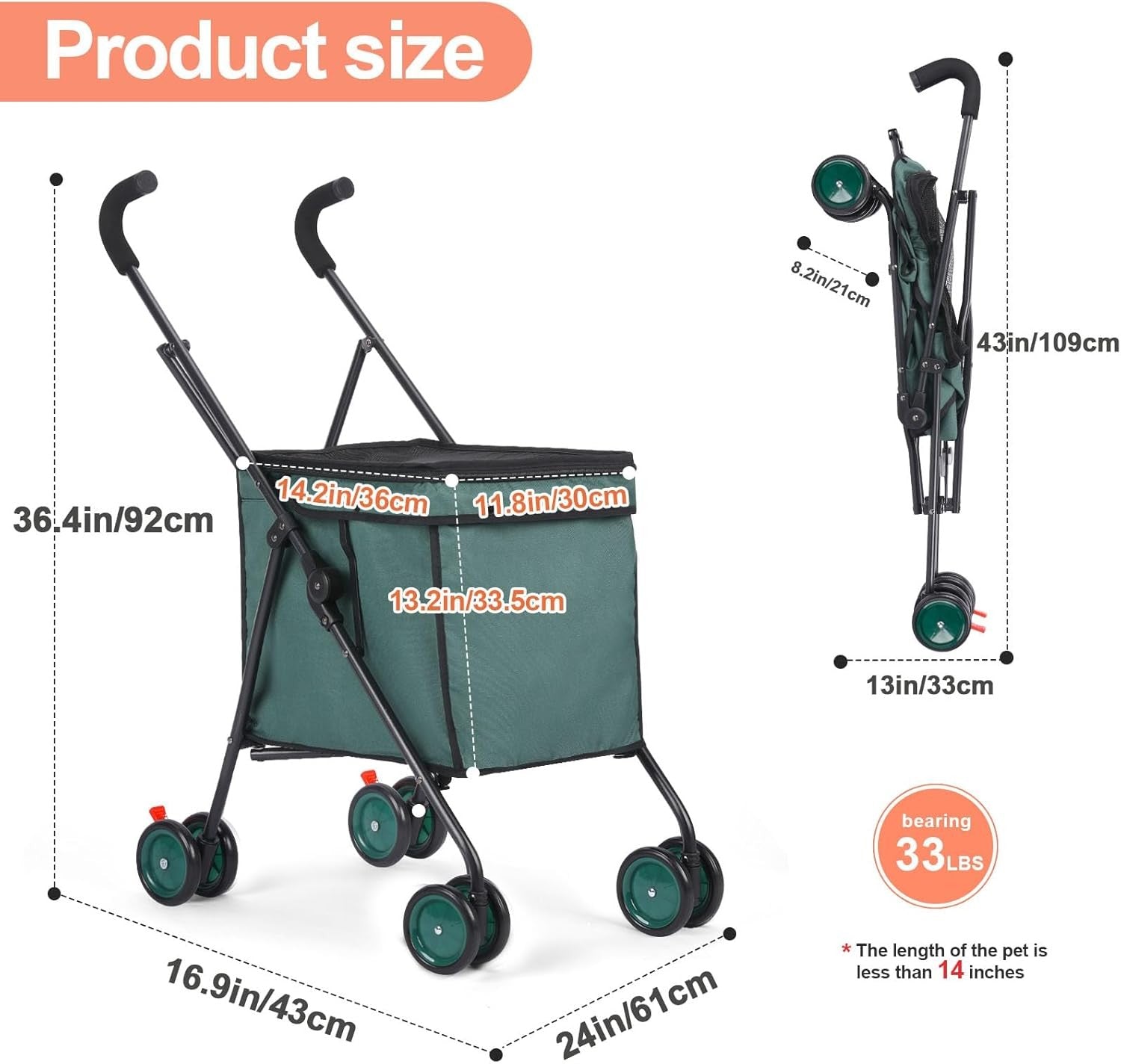 Dark Green Foldable Pet Shopping Cart Stroller 60lb Heavy Duty Utility Wagon