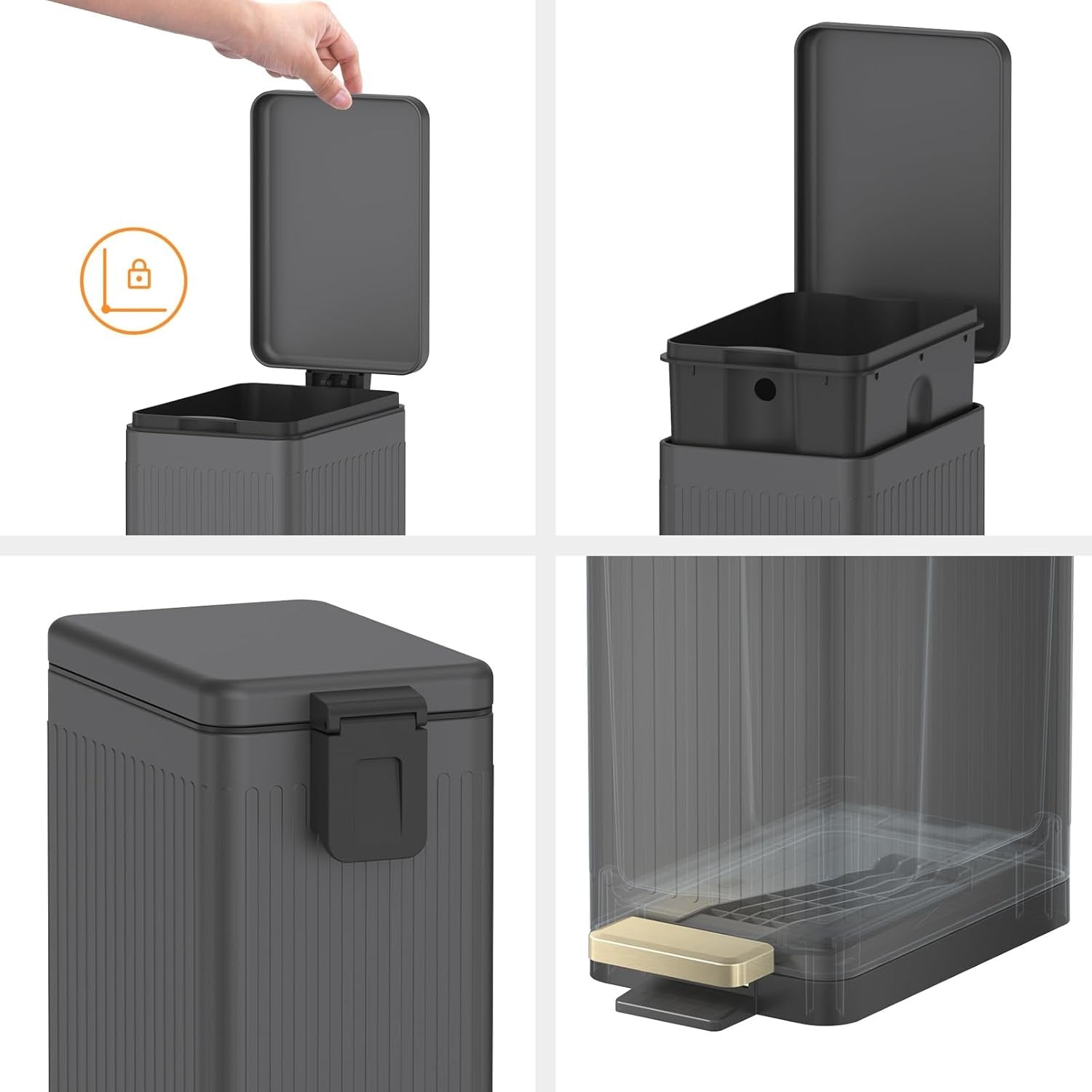 10L Slim Stainless Steel Step Trash Can Soft Close Pedal Bin Dark Grey