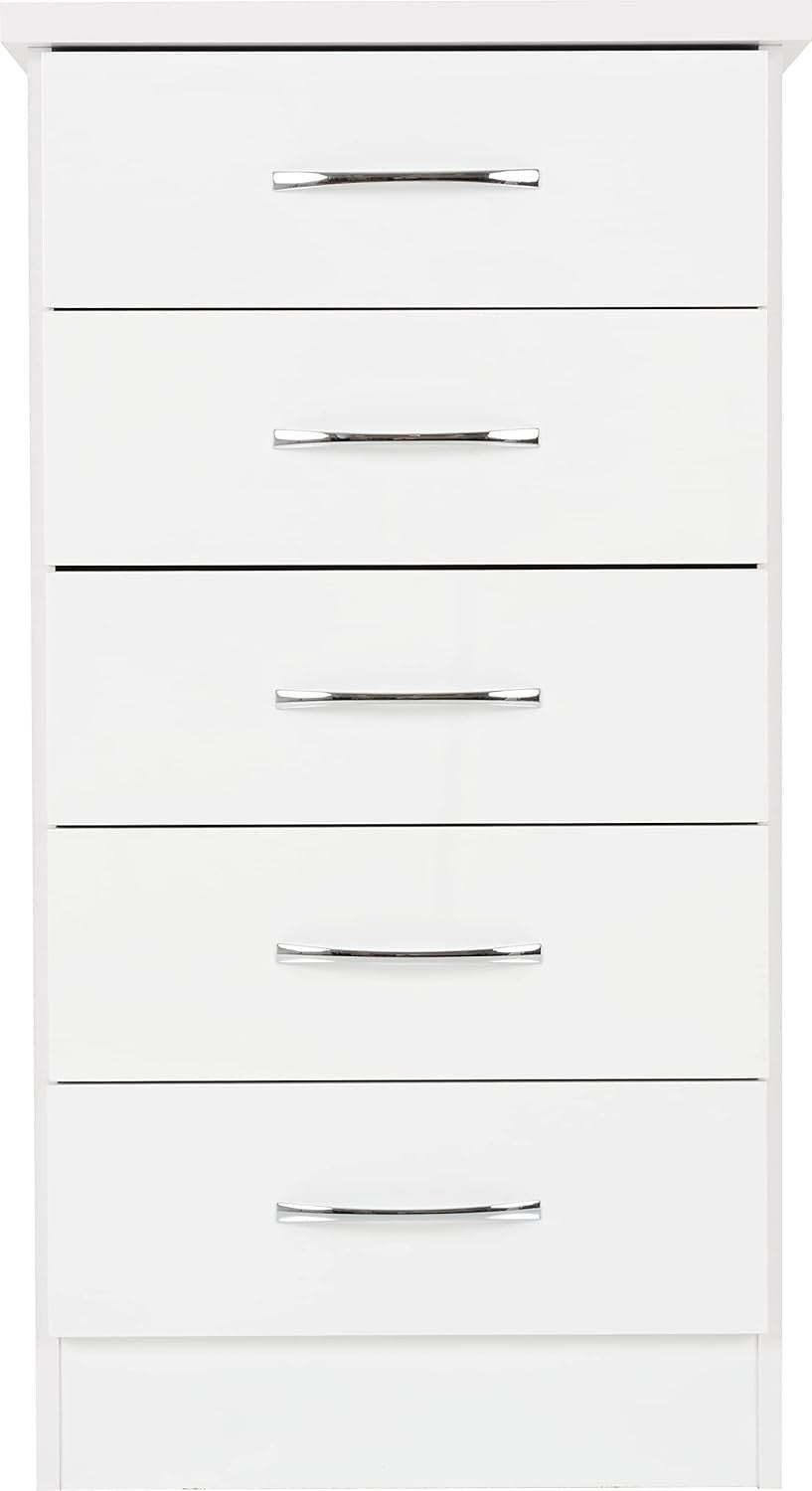 White Gloss 5 Drawer Slim Chest Tall Storage Unit Narrow Bedroom Organiser