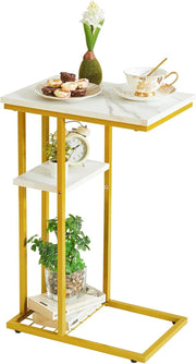 C-Shaped Side Table Marble Pattern White & Gold – Compact, Sturdy, Easy Access