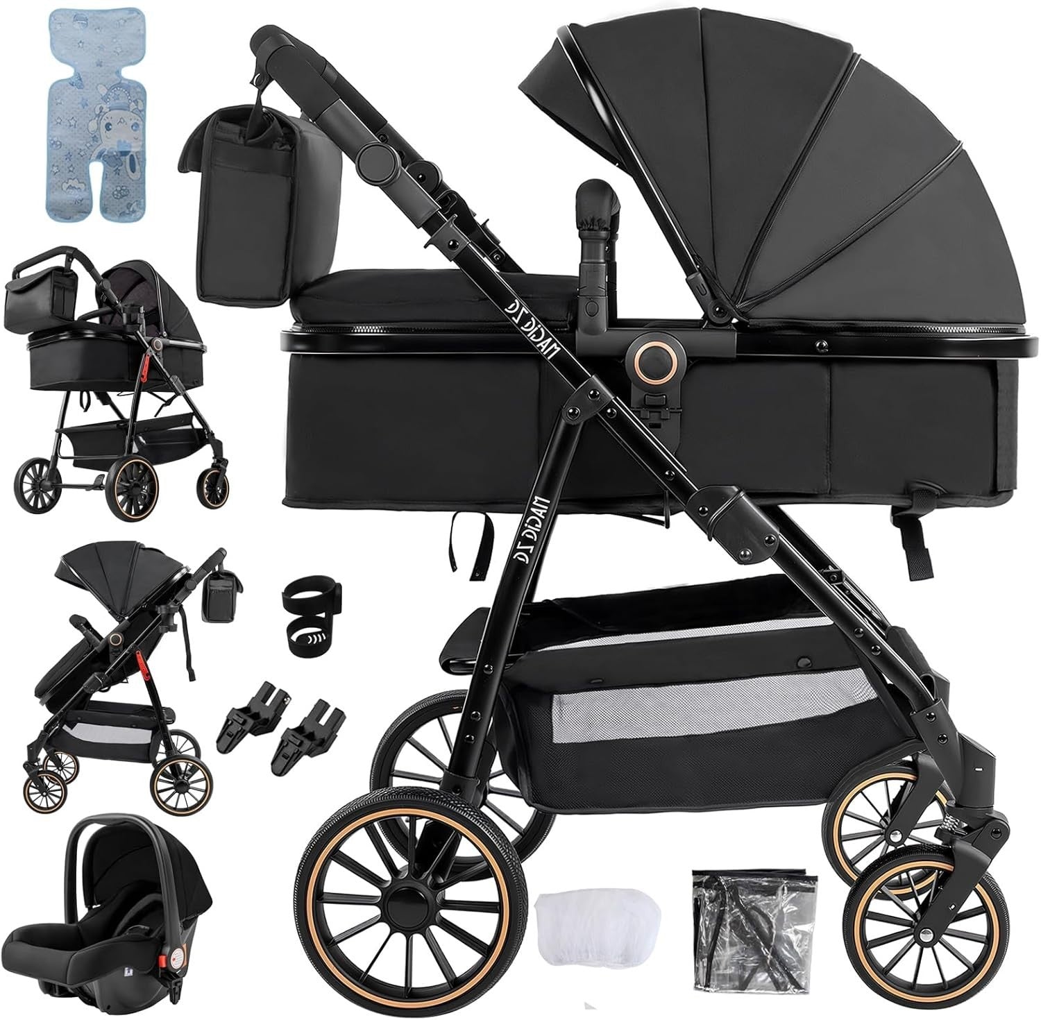 3in1 Baby Stroller Travel System High Landscape Pushchair Reversible Seat Black